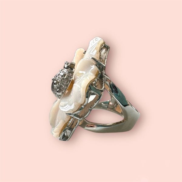 Anello Argento925 Fiore Quarzo Rosa e Coccinella con zirconi