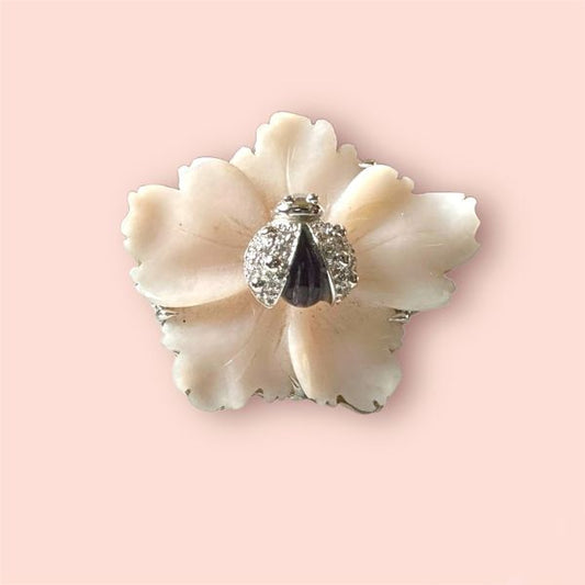 Anello Argento925 Fiore Quarzo Rosa e Coccinella con zirconi