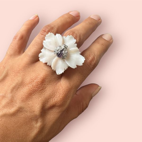 Anello Argento925 Fiore Quarzo Rosa e Coccinella con zirconi