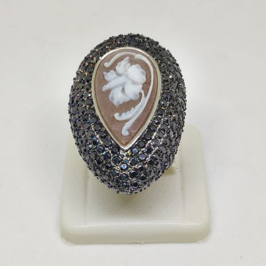Anello In Argento925 Cammeo Goccia Zirconi Neri