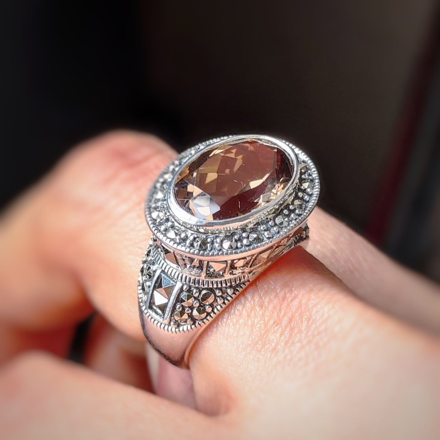 Anello argento925 Quarzo Fumè e marcasite